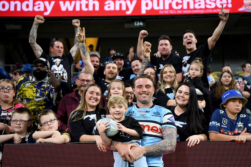 Jayden Berrell celebrates his NRL debut with the Sharks against the Cowboys. Photo: NRL  