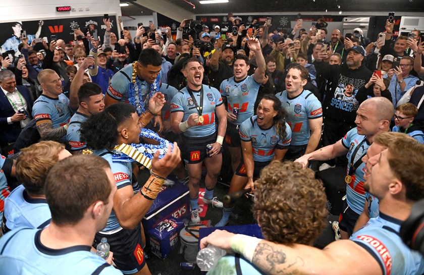 Angus Crichton in the middle of the NSW team celebrations: NRL Photos