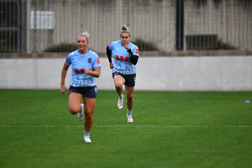 Caitlan Johnson at NSW training, with Olivia Higgins in foreground: NRL Photos