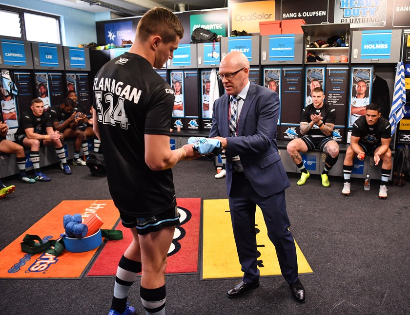 Kyle Flanagan is presented his debut NRL Jersey. Photo: Grant Trouville